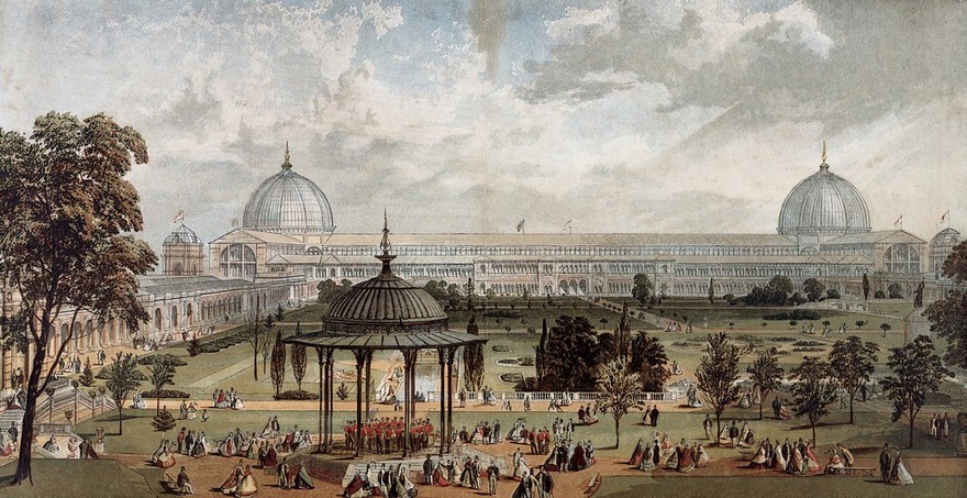 The "Crystal Palace" from the Great Exhibition, installed at Sydenham. Coloured process print, ca. 1861 (?).