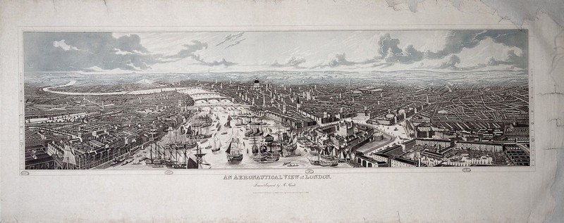 London: aerial view from east to west. Colour aquatint by R. Havell, 1836., April 20, 1836, by Robert Havell