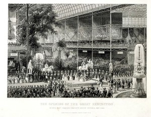 view The Great Exhibition in the Crystal Palace, Hyde Park, London: the opening by Queen Victoria. Steel engraving by H. Bibby, 1851.