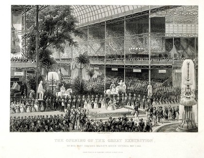 The Great Exhibition in the Crystal Palace, Hyde Park, London: the opening by Queen Victoria. Steel engraving by H. Bibby, 1851.