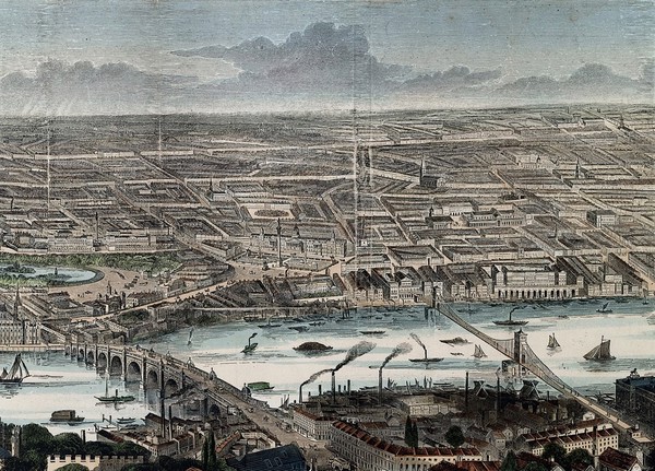 London and the River Thames seen from the south, from Westminster to Greenwich. Wood engraving by F. J. Smyth, 1845.