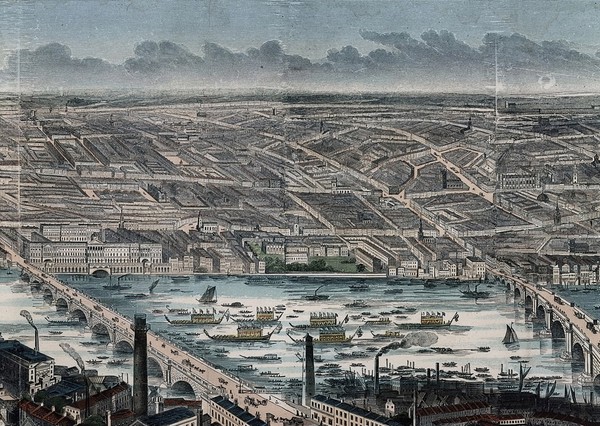 London and the River Thames seen from the south, from Westminster to Greenwich. Wood engraving by F. J. Smyth, 1845.