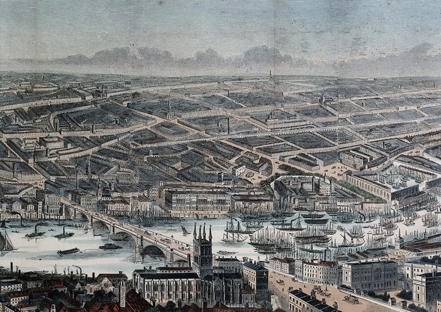London and the River Thames seen from the south, from Westminster to Greenwich. Wood engraving by F. J. Smyth, 1845.