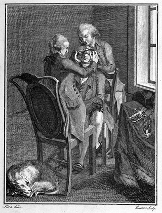 A surgeon performing an operation for cataract. Engraving by Queiroz, 1793, after Silva.