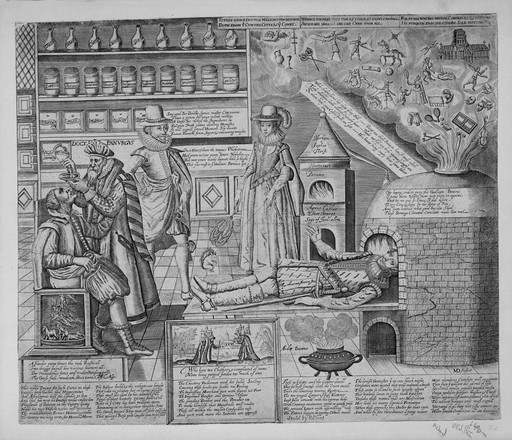 "Doctor Panurgus" curing the folly of his patients by purgative medicines and chemical cures. Line engraving by Martin Droeshout, ca. 1620.