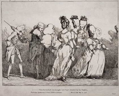 Elizabeth Chudleigh, Duchess of Kingston, attending her trial for bigamy. Etching by John Hamilton Mortimer, 1776.