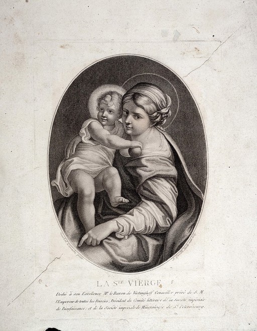 Saint Mary (the Blessed Virgin) with the Christ Child. Stipple engraving by A. Gamble after Annibale Carracci.