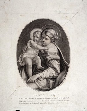 view Saint Mary (the Blessed Virgin) with the Christ Child. Stipple engraving by A. Gamble after Annibale Carracci.