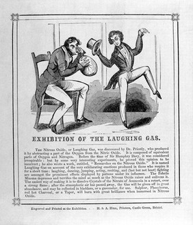 A man breathing in nitrous oxide (laughing gas) and a man exhibiting its exhilarating effects. Wood engraving, c. 1840.