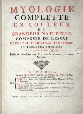 Myologie complette en couleur et grandeur naturelle, composée de l'Essai et de la Suite de l'Essai d'anatomie, en tableux imprimés [d'après les parties disséquées et préparées / par M. Duverney.