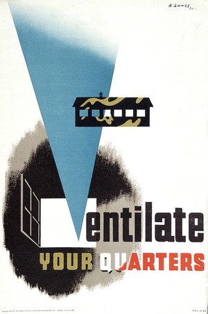 view Ventilation of soldiers' quarters. Colour lithograph after A. Games, 1941.