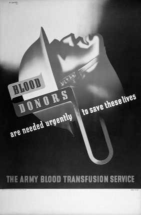 The head of a wounded soldier, tense with pain, and blood being transfused; representing the need for blood donors. Colour lithograph after A. Games, 1942.