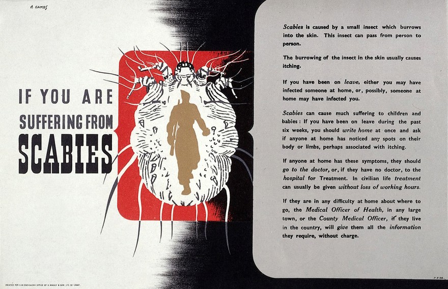 The scabies mite as a danger to soldiers. Colour lithograph after A. Games, 1942.