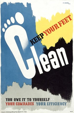 view A dirty foot mark. Colour lithograph after A. Games, 1941.