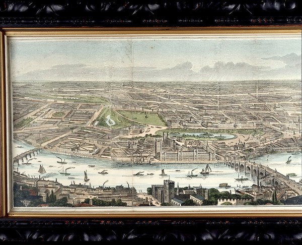 London and the River Thames seen from the south, from Westminster to Greenwich. Wood engraving by F. J. Smyth, 1845.