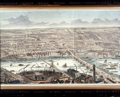 London and the River Thames seen from the south, from Westminster to Greenwich. Wood engraving by F. J. Smyth, 1845.