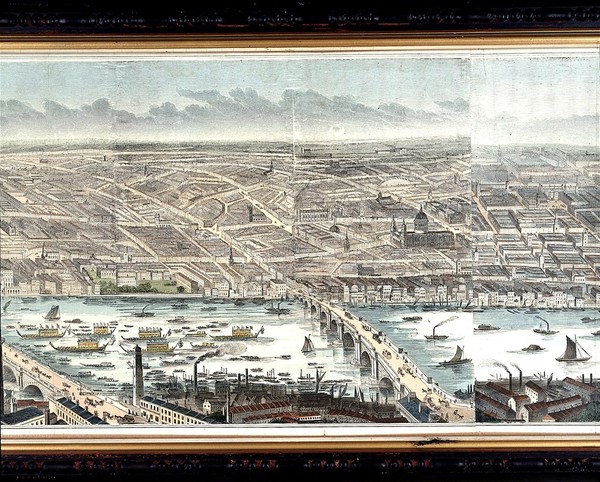London and the River Thames seen from the south, from Westminster to Greenwich. Wood engraving by F. J. Smyth, 1845.