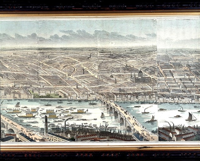 London and the River Thames seen from the south, from Westminster to Greenwich. Wood engraving by F. J. Smyth, 1845.