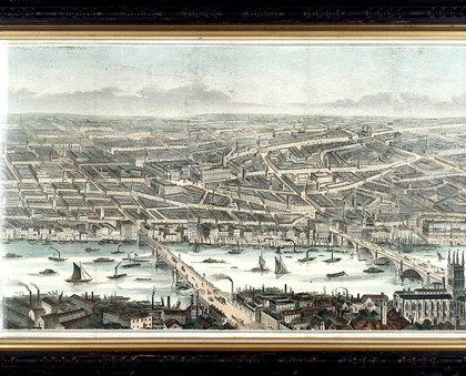 London and the River Thames seen from the south, from Westminster to Greenwich. Wood engraving by F. J. Smyth, 1845.