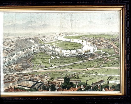 London and the River Thames seen from the south, from Westminster to Greenwich. Wood engraving by F. J. Smyth, 1845.