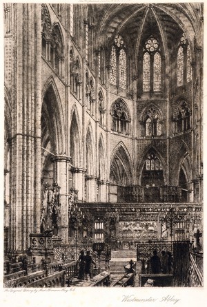 view Westminster Abbey: interior of east end. Etching by A. Haig, 1909.