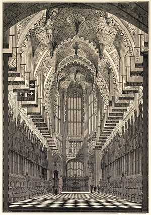 view Westminster Abbey: interior of Henry VII's chapel. Wood engraving by J. Jackson after W.F. Smallwood, 1843.