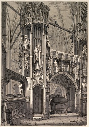 view Wood engraving: shrine of Henry V; by J. Jackson