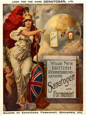 Britannia pointing to Sanatogen, Formamint, and German colonies in Africa and the East Indies as new British possessions. Colour process print after E.F. Skinner.