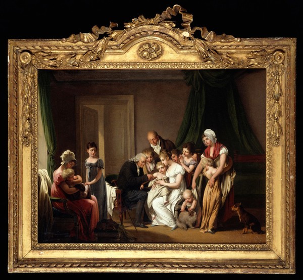 A man vaccinating a young child held by its mother, with other members of the household looking on. Oil painting by L.-L. Boilly, ca. 1806.