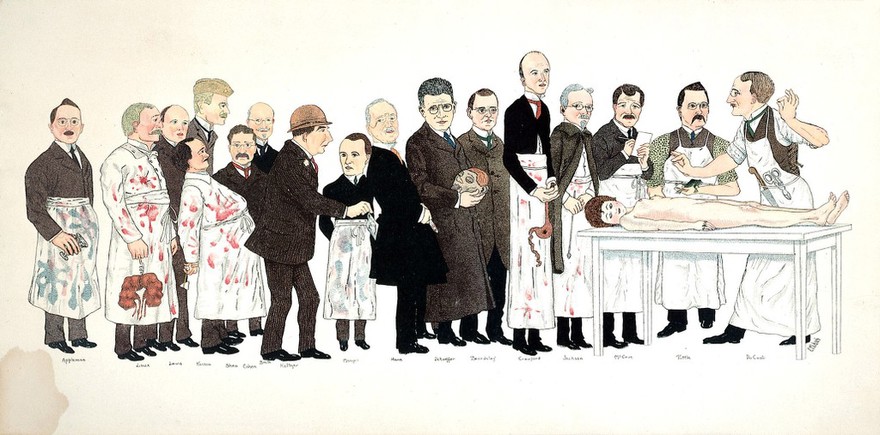 Seventeen professors at Jefferson Medical College, Philadelphia. Colour process print after C.E. Miksch, 1923.