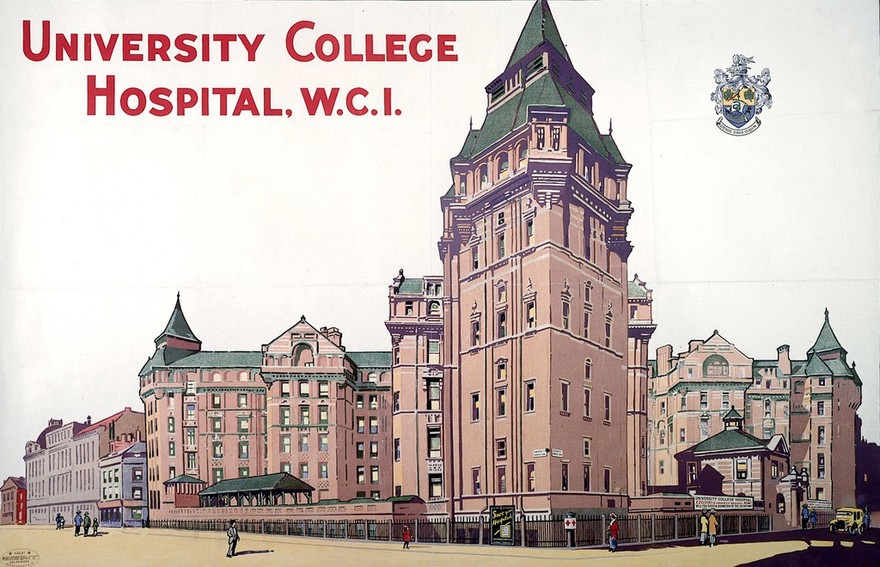 The Cruciform Building, University College Hospital, London: perspective from the south-east. Colour lithograph. 190-.