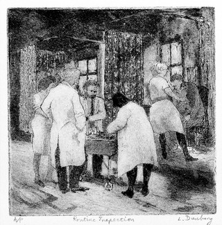 Physicians and nurses inspecting in-patients at Queen Mary's Hospital, Roehampton. Aquatint by L. Duxbury, ca. 1990.