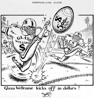 The kick-off at an American football match, representing the first Glaxo Wellcome bond issue. Drawing by O. Copplestone, 1995.