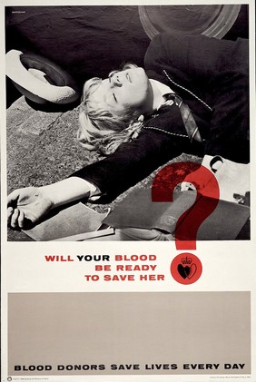 A schoolgirl knocked down by a motor car, indicating the need for blood donations. Colour lithograph after Reginald Mount and Eileen Evans.