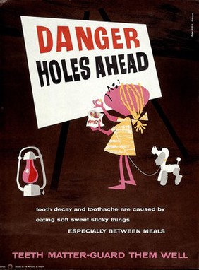 A girl eating sweets and looking at a note warning of "holes ahead", referring to the danger of dental caries. Colour lithograph after Reginald Mount.