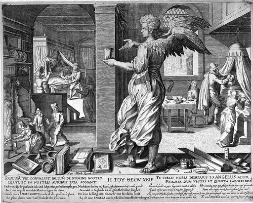 The medical practitioner appearing as an angel when he has started to heal the sick. Engraving by Johann Gelle after E. van Panderen.