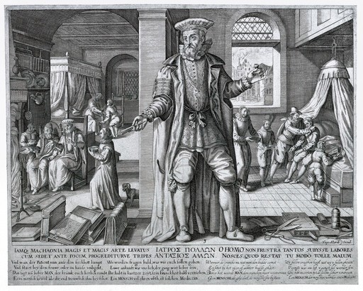 The medical practitioner appearing as a mere human when he has succeeded in curing the sick. Engraving by Johann Gelle after E. van Panderen.