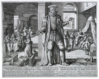 The medical practitioner appearing as a mere human when he has succeeded in curing sick people. Engraving by Johann Gelle after E. van Panderen.