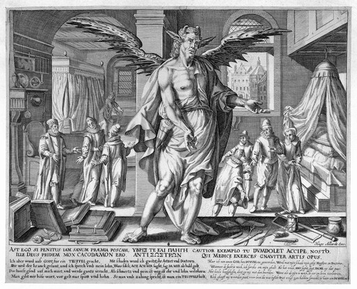 The medical practitioner appearing as a devil when he asks for his fee. Engraving by Johann Gelle after E. van Panderen.