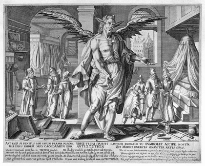 The medical practitioner appearing as a devil when he asks for his fee. Engraving by Johann Gelle after E. van Panderen.
