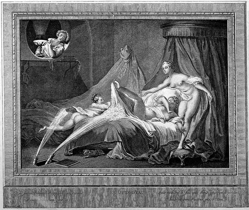 Jets of water spray naked young women on a bed; suggesting the connection between enemas and eroticism. Photomechanical reproduction of an engraving by P.L. Auvray after J.H. Fragonard.