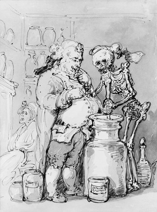 Death as an apothecary's assistant making up medicines in a jar for the apothecary attending a female patient who sits by the fireside. Watercolour by T. Rowlandson or one of his followers.