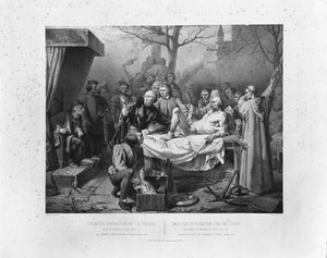 view Germain Colot performing an operation for bladder stone. Lithograph by A. Rivoulon, 1851.