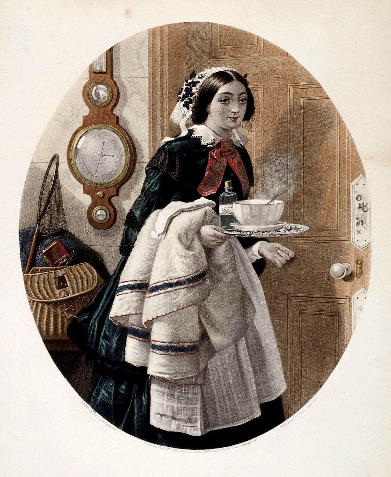 A maid bringing medicine and soup to her master who has a cold. Lithograph, 1857, after W.H. Simmons after J. Collinson., 1 August 1857, by James Collinson
