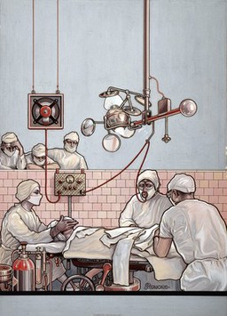 A surgical operation in which the surgeon communicates by microphone with onlookers. Gouache by J. Pignone, ca. 1934.