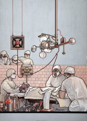 view A surgical operation in which the surgeon communicates by microphone with onlookers. Gouache by J. Pignone, ca. 1934.