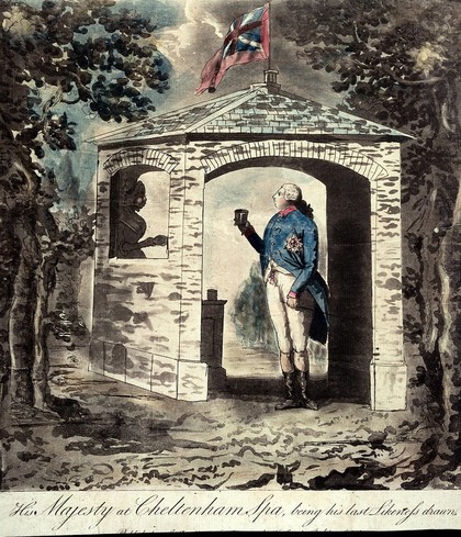 King George III taking the waters at Cheltenham. Coloured aquatint by J.C. Stadler after C. Rosenberg, 1812.