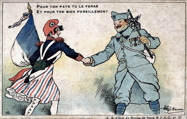 A personification of France offering a soldier the hand of patriotism. Chromolithograph by A. Guillaume.