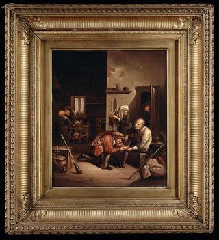 A surgeon treating a patient's foot and a barber shaving a man. Oil painting after Adriaen Brouwer.