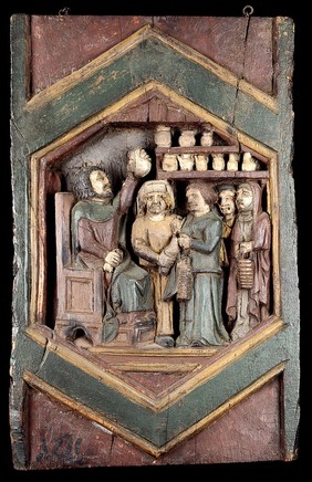 A medical practitioner examining urine brought by his patients. Painted relief after Nino Pisano.